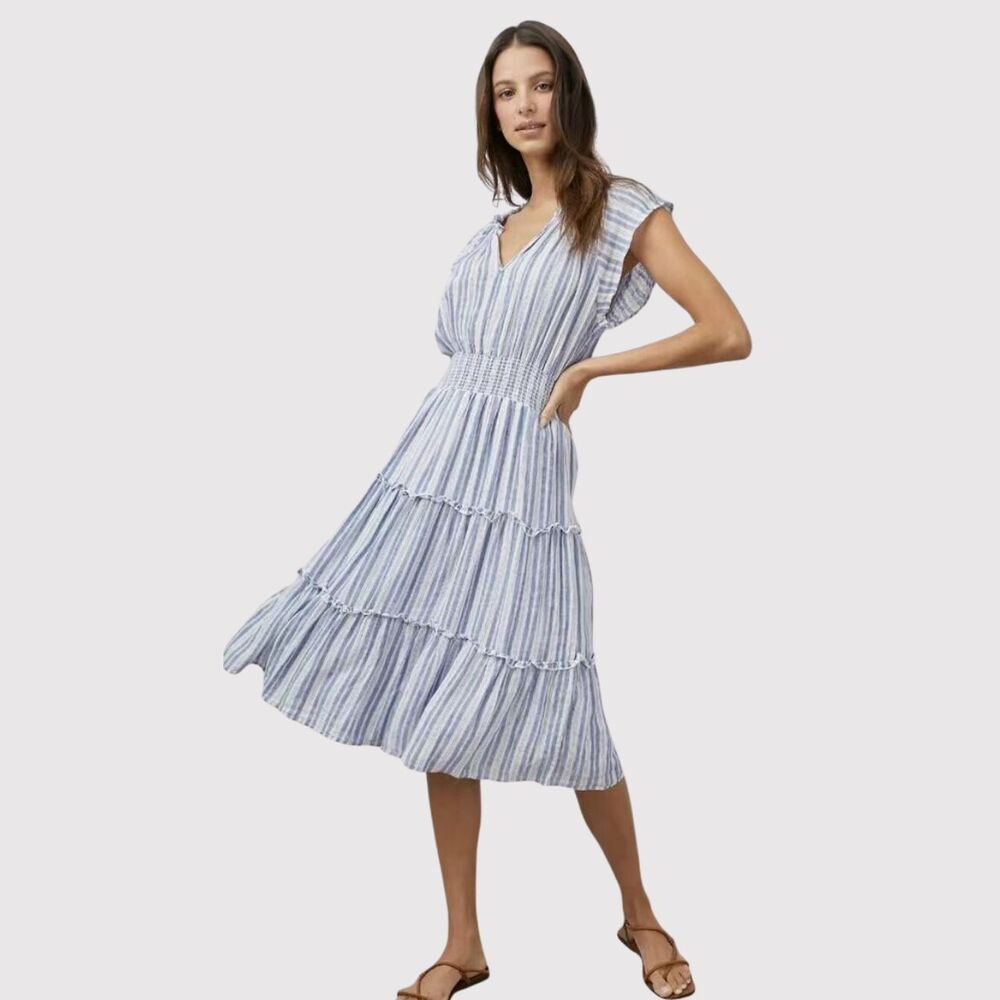 Rails Midi Dress Blue Amellia Linen V Neck Striped Tiered Short Sleeve Small